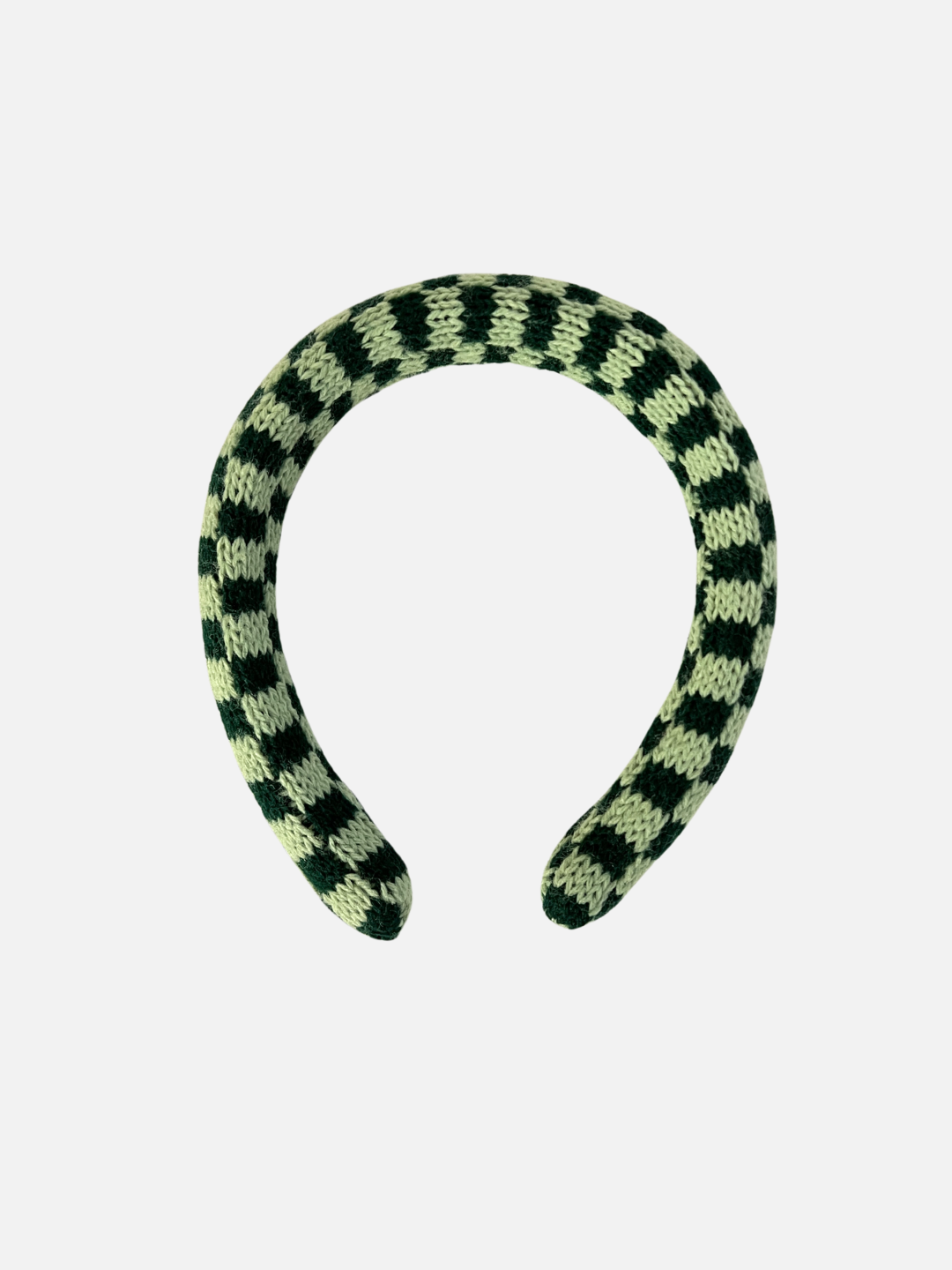 A kids' knitted headband in a forrest green and light green check
