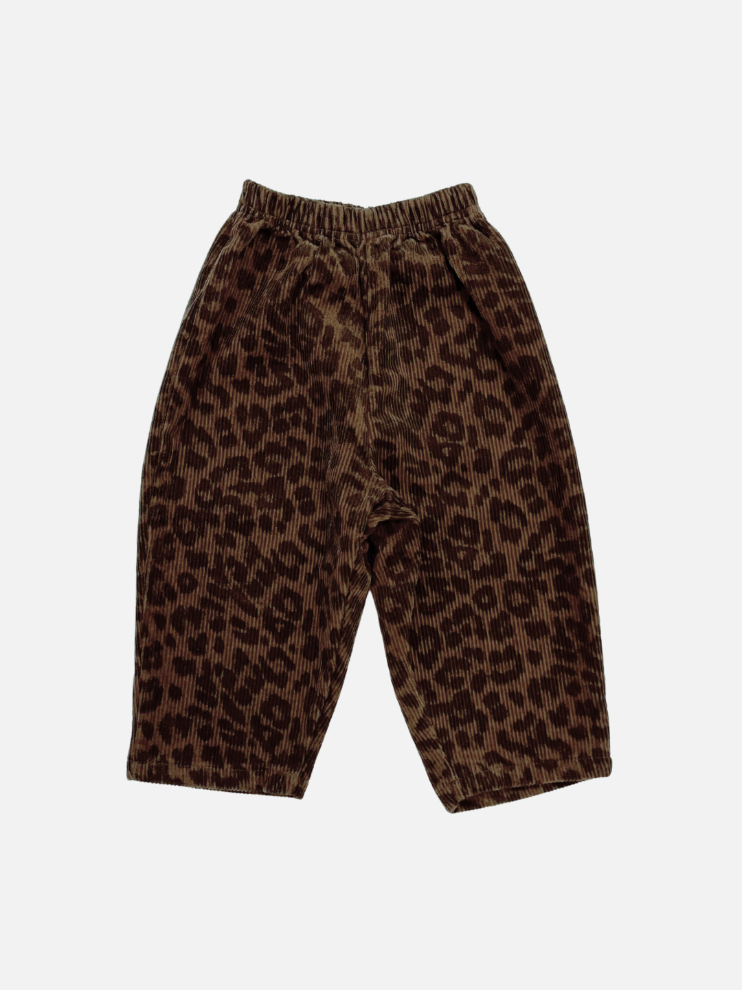 LEOPARD CORDUROY PANTS in a dark, bold black leopard print with an elastic waistband, shown on a plain white background. This stylish pair is inspired by the latest Korean brand trends.