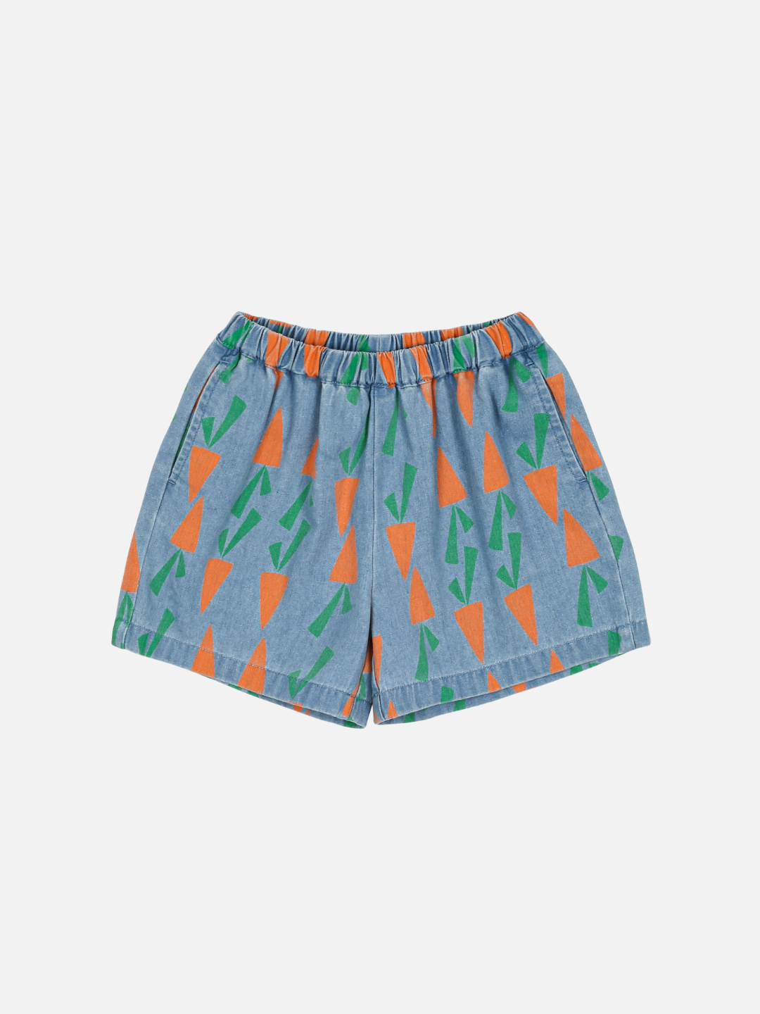 CARROT DENIM SHORTS featuring blue material adorned with a pattern of orange and green carrots on a white background.