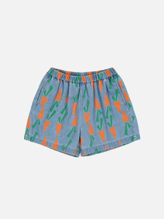 Image of CARROT DENIM SHORTS featuring blue material adorned with a pattern of orange and green carrots on a white background.