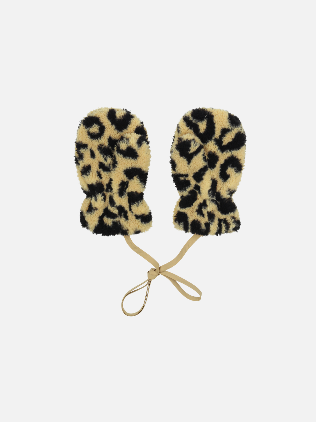 The LEOPARD PATCH MITTENS, showcasing a yellow and black leopard print design connected by a tan string, are meticulously crafted.