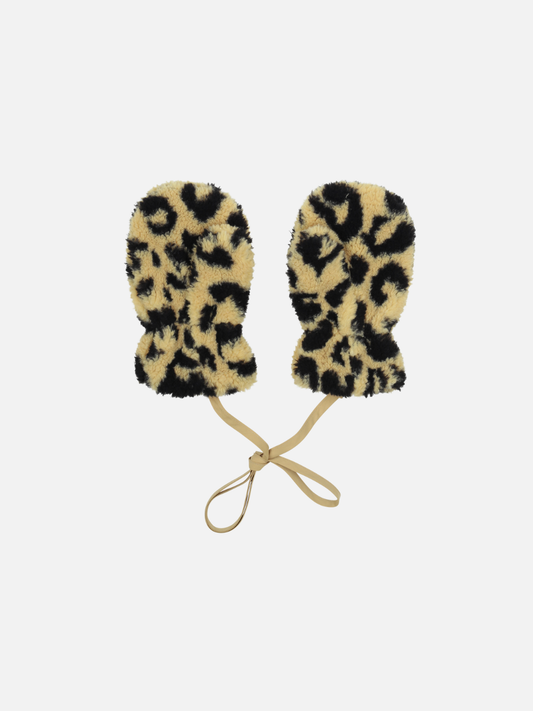 Second image of The LEOPARD PATCH MITTENS are a pair of leopard print mittens connected by a beige string, each adorned with a small embroidered red and blue patch on one mitten. The product description is thoughtfully crafted to include alt text for online accessibility, ensuring proper care and inclusivity in digital spaces.