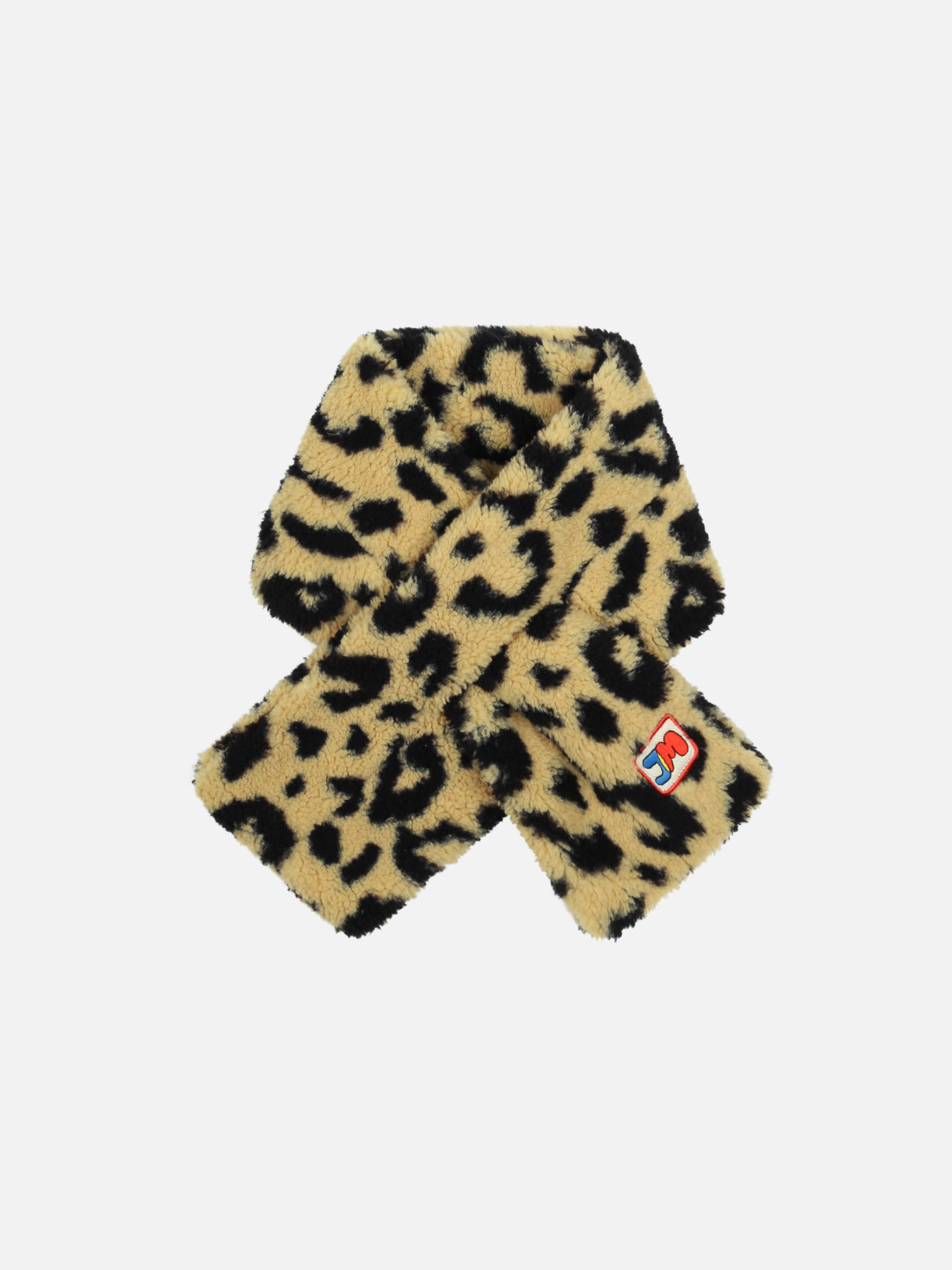 The LEOPARD PATCH SCARF, featuring a faux fur design with a striking leopard print pattern and a distinctive small red and white patch adorned with the letter "R," offers a bold, stylish look that’s perfect for merchandising.