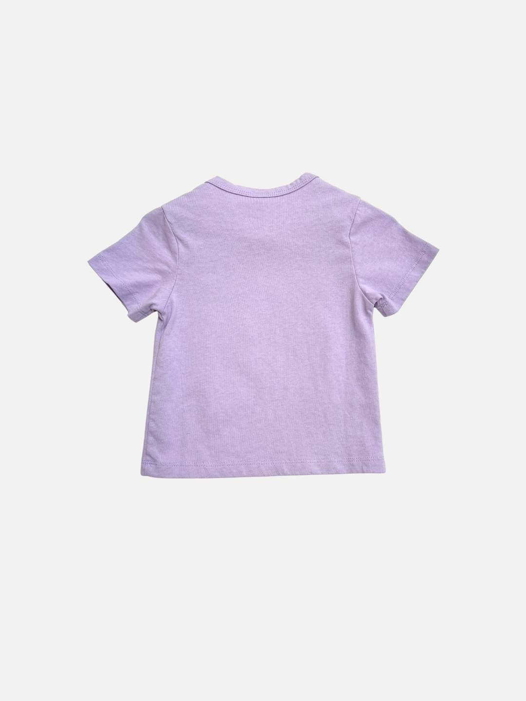 Lavender | The FLOWER POT BABY TEE, a plain light purple short-sleeve shirt, is shown laid flat with the back side facing up against a white background.