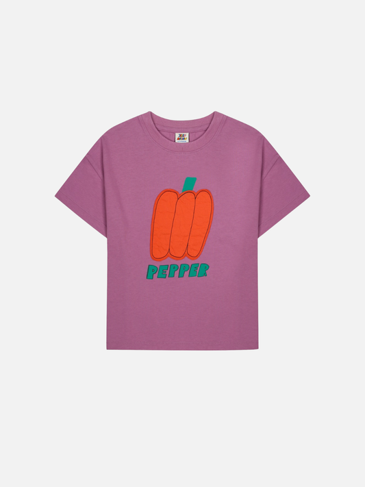 Image of Purple t-shirt with a red pepper graphic on a white background