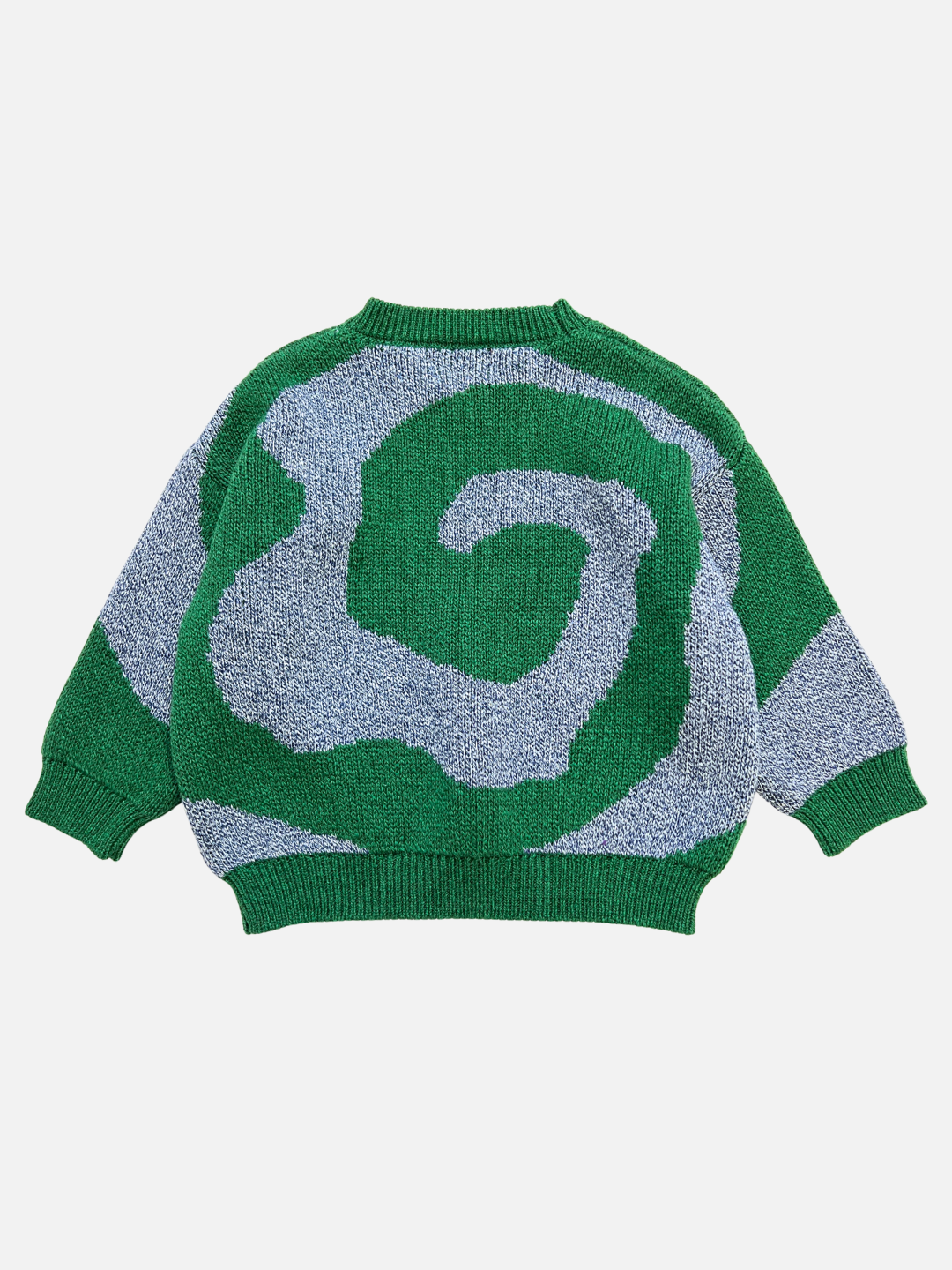 Green/Blue | The SWIRL SWEATER is a long-sleeve knitted sweater with a green and gray abstract swirl pattern.