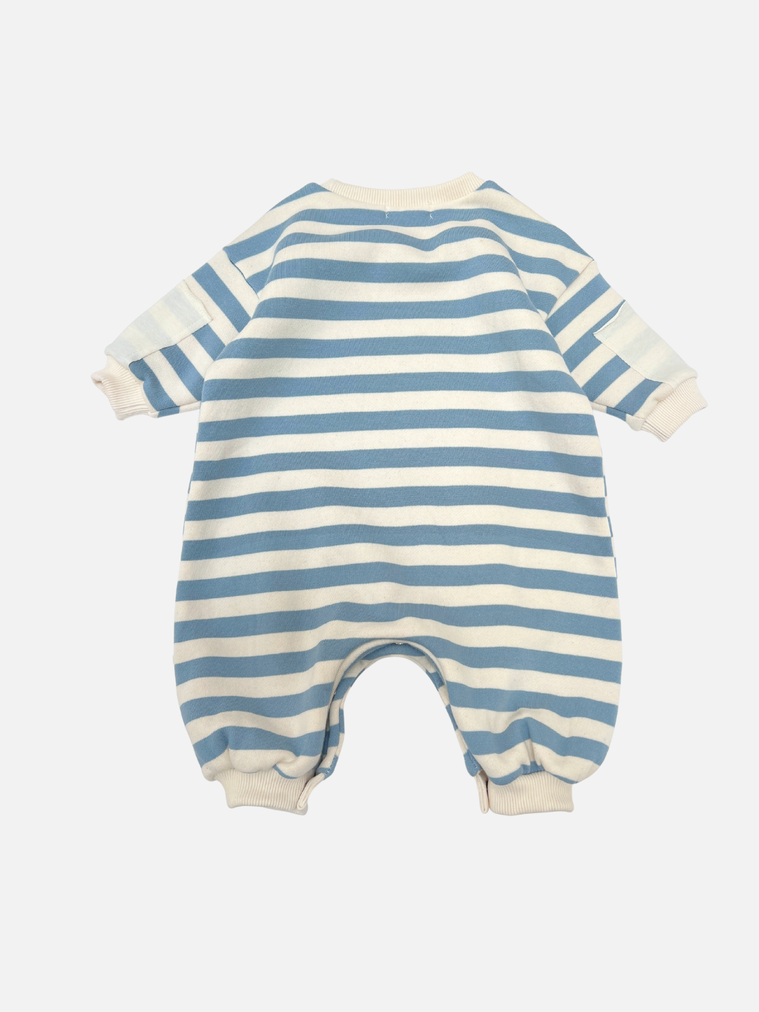 Blue and white striped baby romper on a white background
