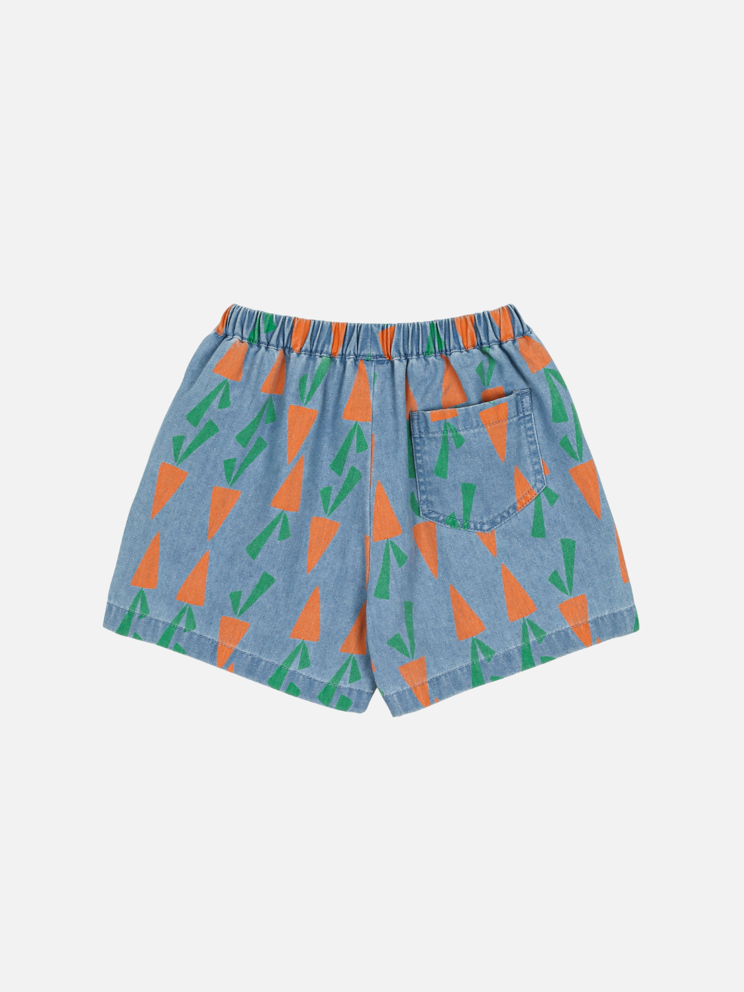 CARROT DENIM SHORTS: Blue children's shorts with an elastic waistband, a side pocket, and an orange/green carrot pattern.