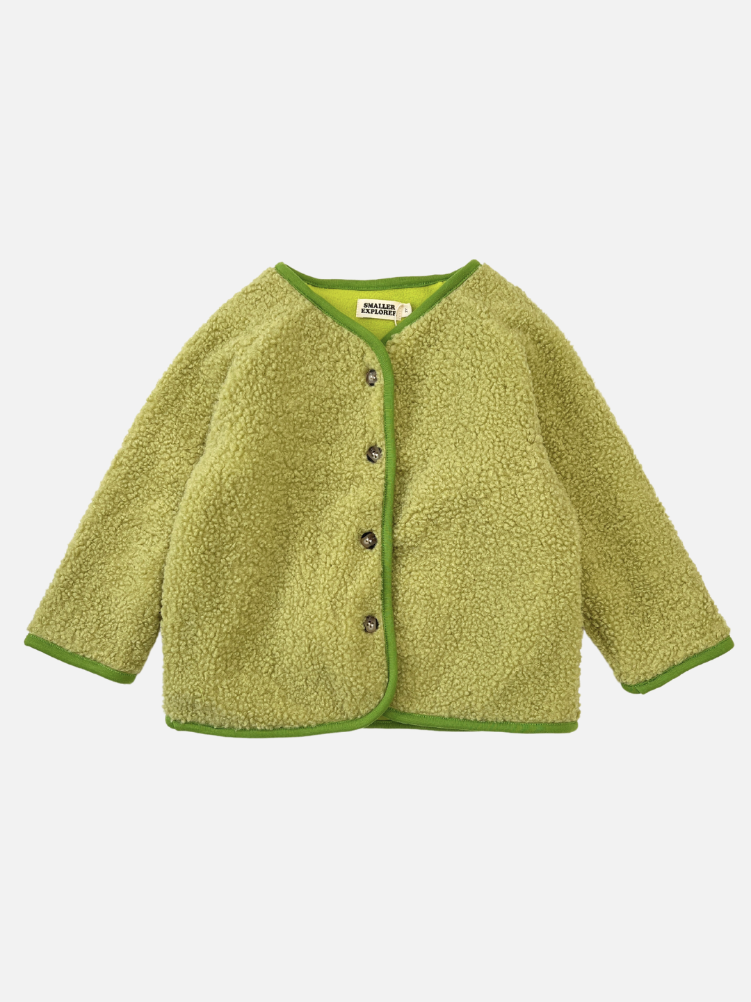Front view of a kids light green collarless fleece jacket with four brown buttons.