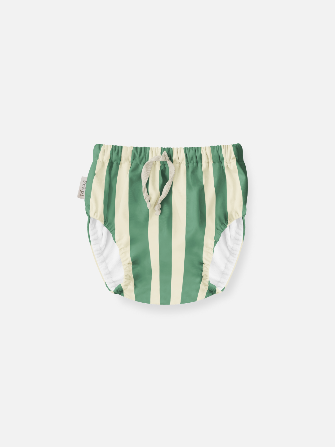 Jungle | The front view of the swim diaper with an elastic waist with a tie and elastic leg holes. The diaper is a has cream and moss green vertical stripes. 