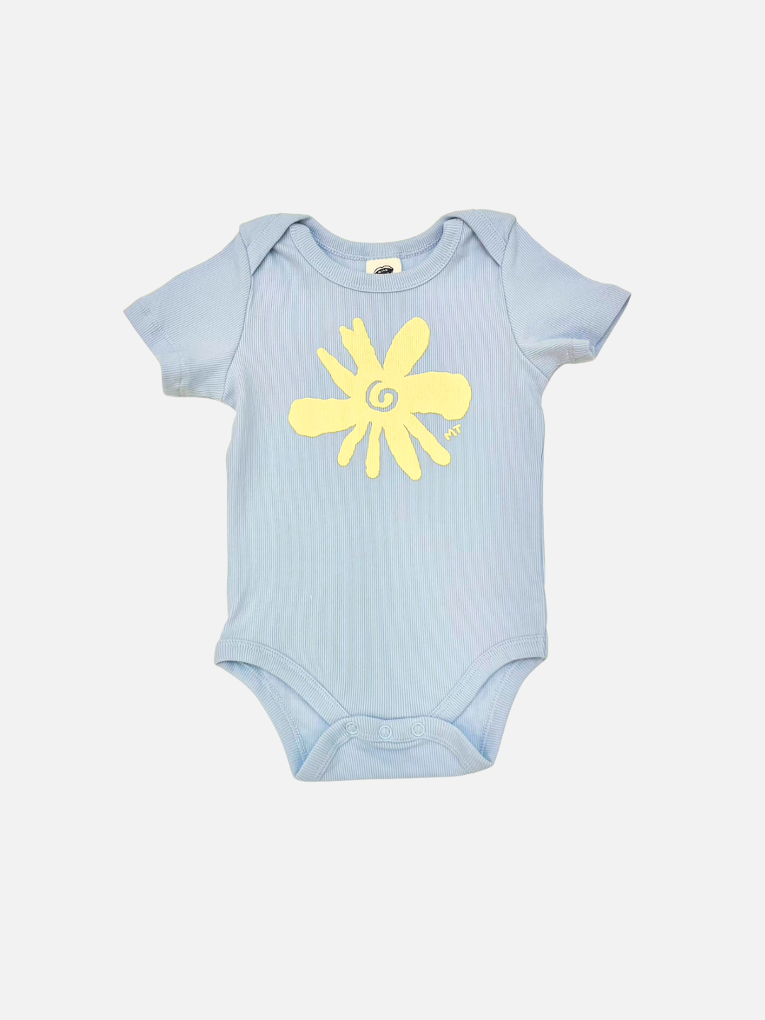 Blue | The FLOWER SHORT SLEEVE ONESIE in blue features short sleeves and a yellow abstract flower design on the front, making it perfect for easy diaper changes and comfy days.