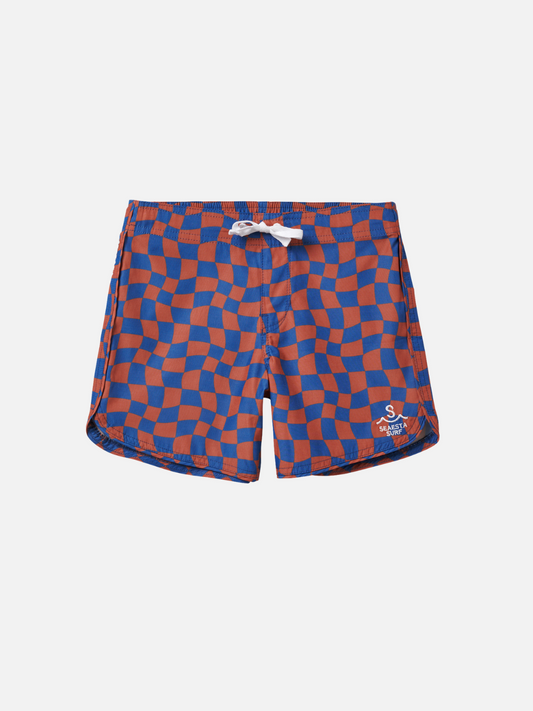 Image of A front view of kid's Wavy Checks Boardshort. The image displays a front tie and Saesta Surf logo on the left side. 