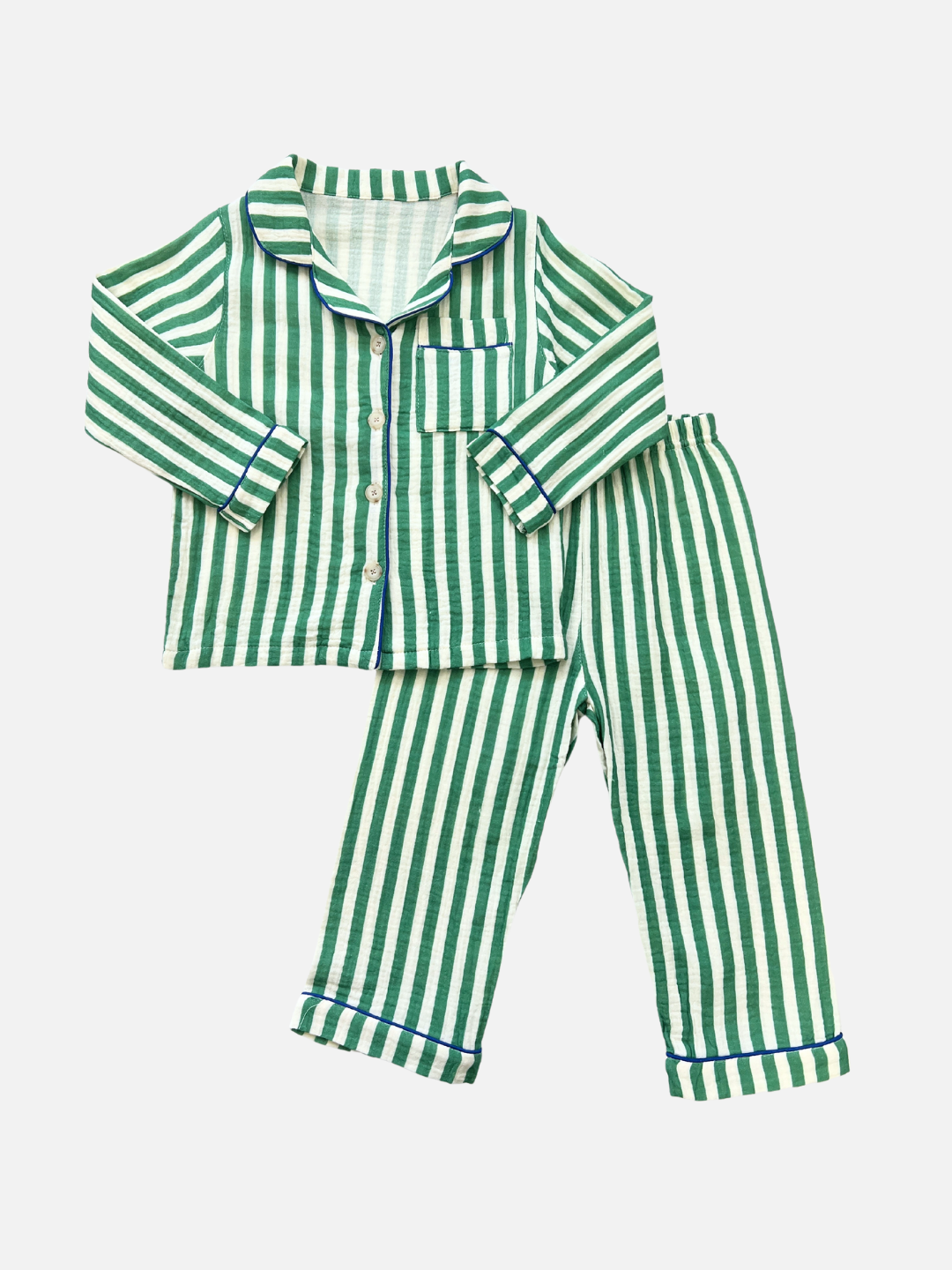 Green Stripe | The MOVIE NIGHT SET features a green and white striped children's set made from breathable fabric, with a button-up long-sleeve shirt and matching pants, displayed on a white background.