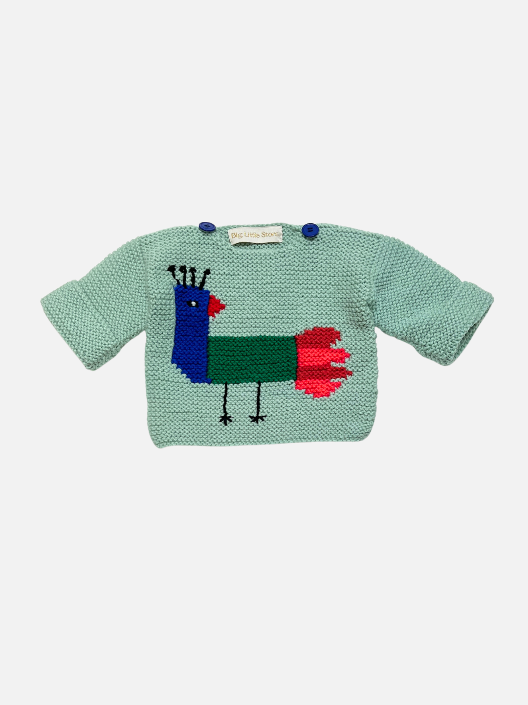 Knitted baby sweater in mint green featuring a bird, laid on a white background.