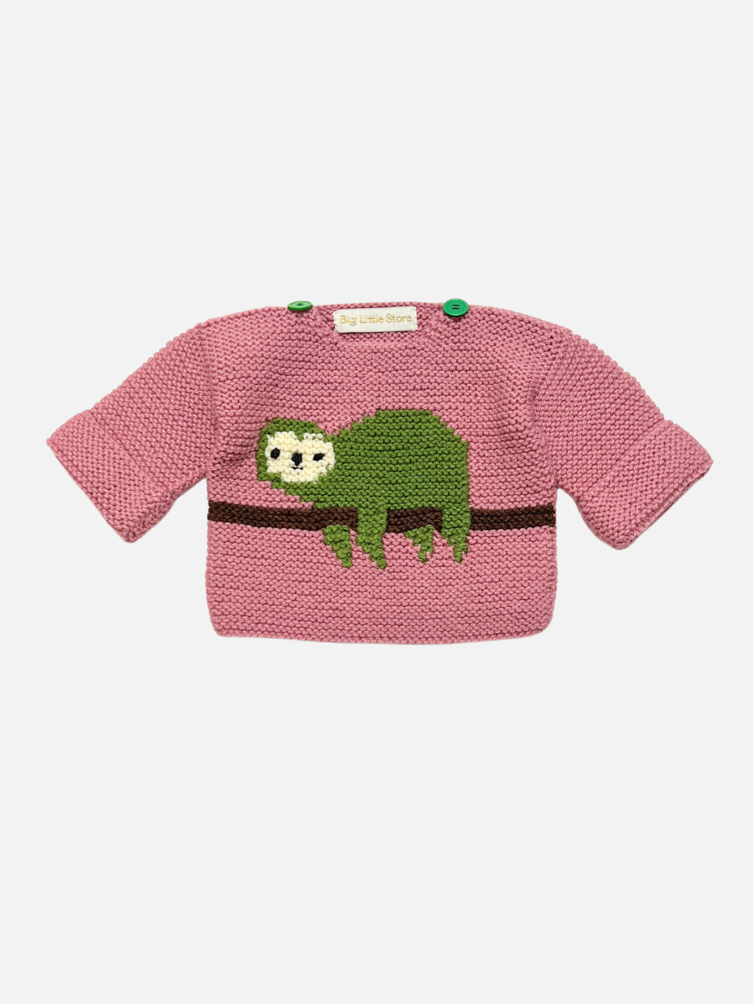 A pink knitted baby sweater featuring a green sloth motif on the chest, displayed flat against a light gray background.