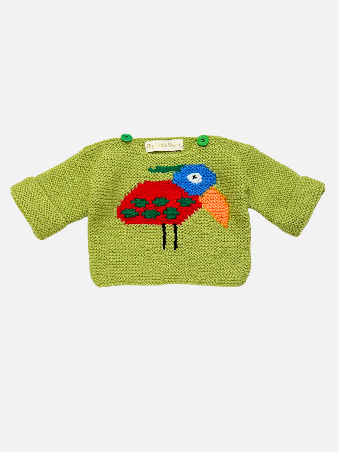 A light green knitted baby sweater featuring a colorful crocheted bird design on the front with green buttons at the collar, shown against a plain light gray background.