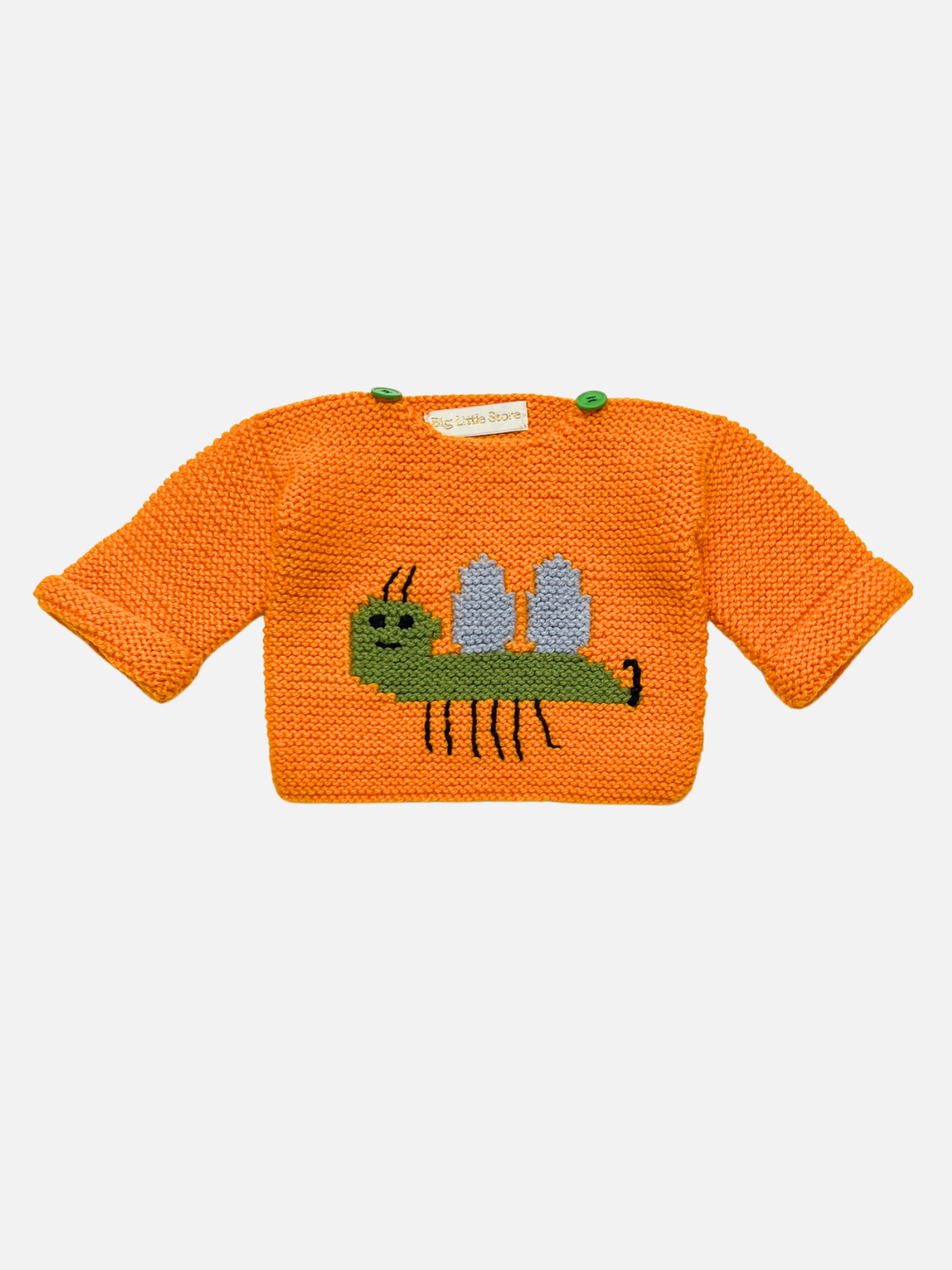 An orange knit baby sweater featuring a green bug design with blue and gray wings on the front, displayed against a light gray background.