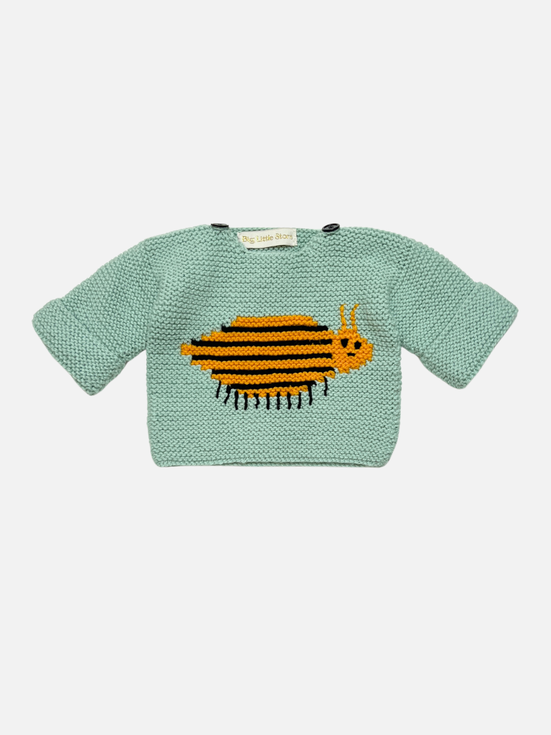 G (mint bug) | Knitted baby sweater in mint green featuring a yellow and black striped beetle, laid on a white background.