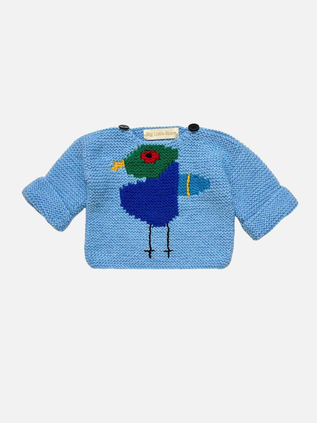 A light blue knit baby sweater featuring a colorful knitted bird design on the front, displayed against a light gray background.