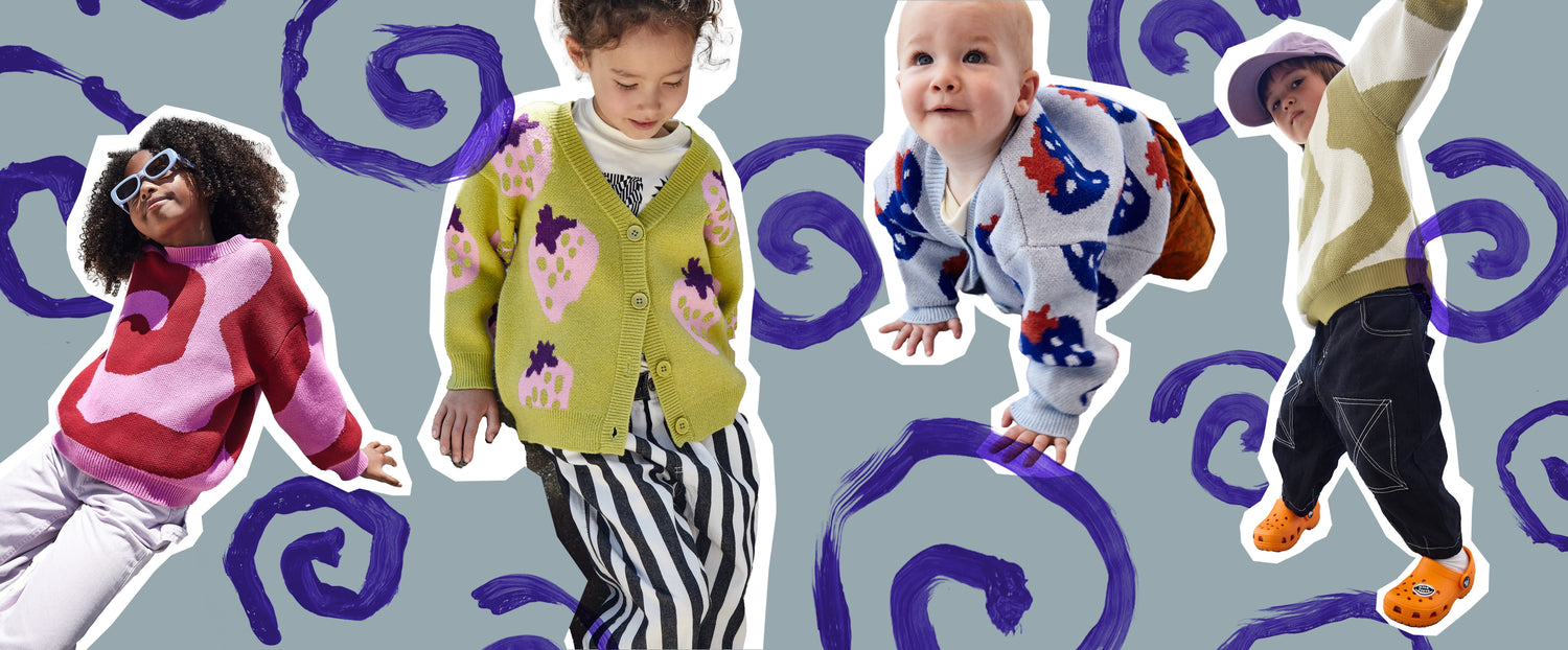 A collage of four kids wearing bright colored sweaters with painted swirls in the background
