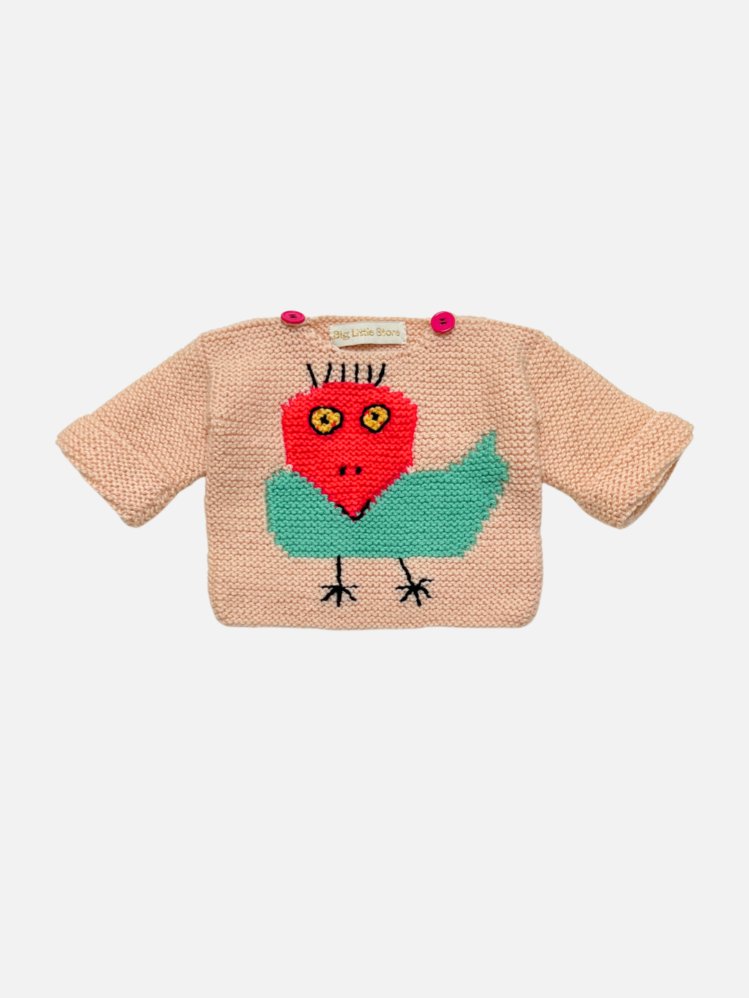 I (peach bird) | Knitted baby sweater in pale peach featuring a bird motif, laid on a white background.