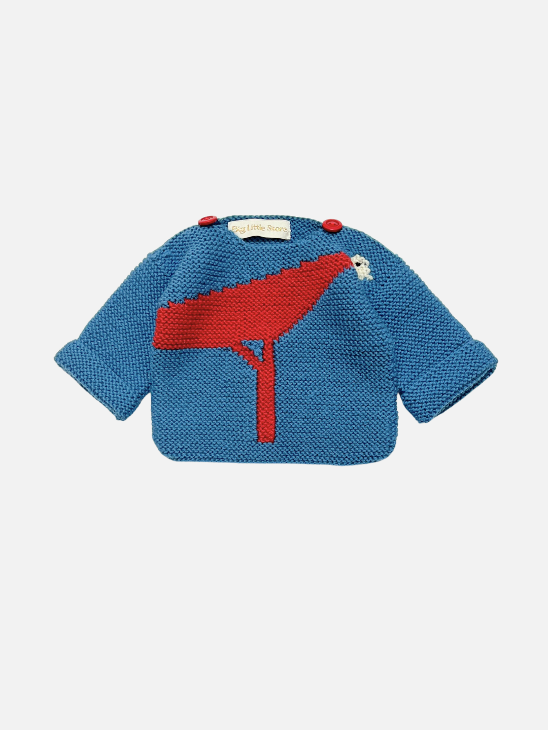 K (blue bird) | Knitted baby sweater in blue green featuring an abstract bird motif in red, laid on a white background.