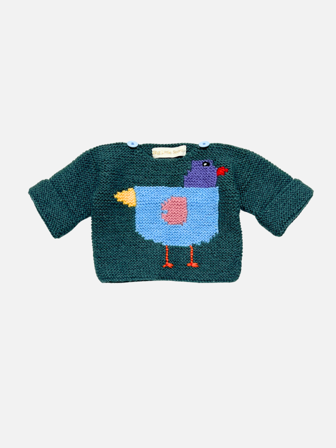 A dark teal knit baby sweater featuring a colorful hand-knit bird design on the front, displayed against a light gray background.