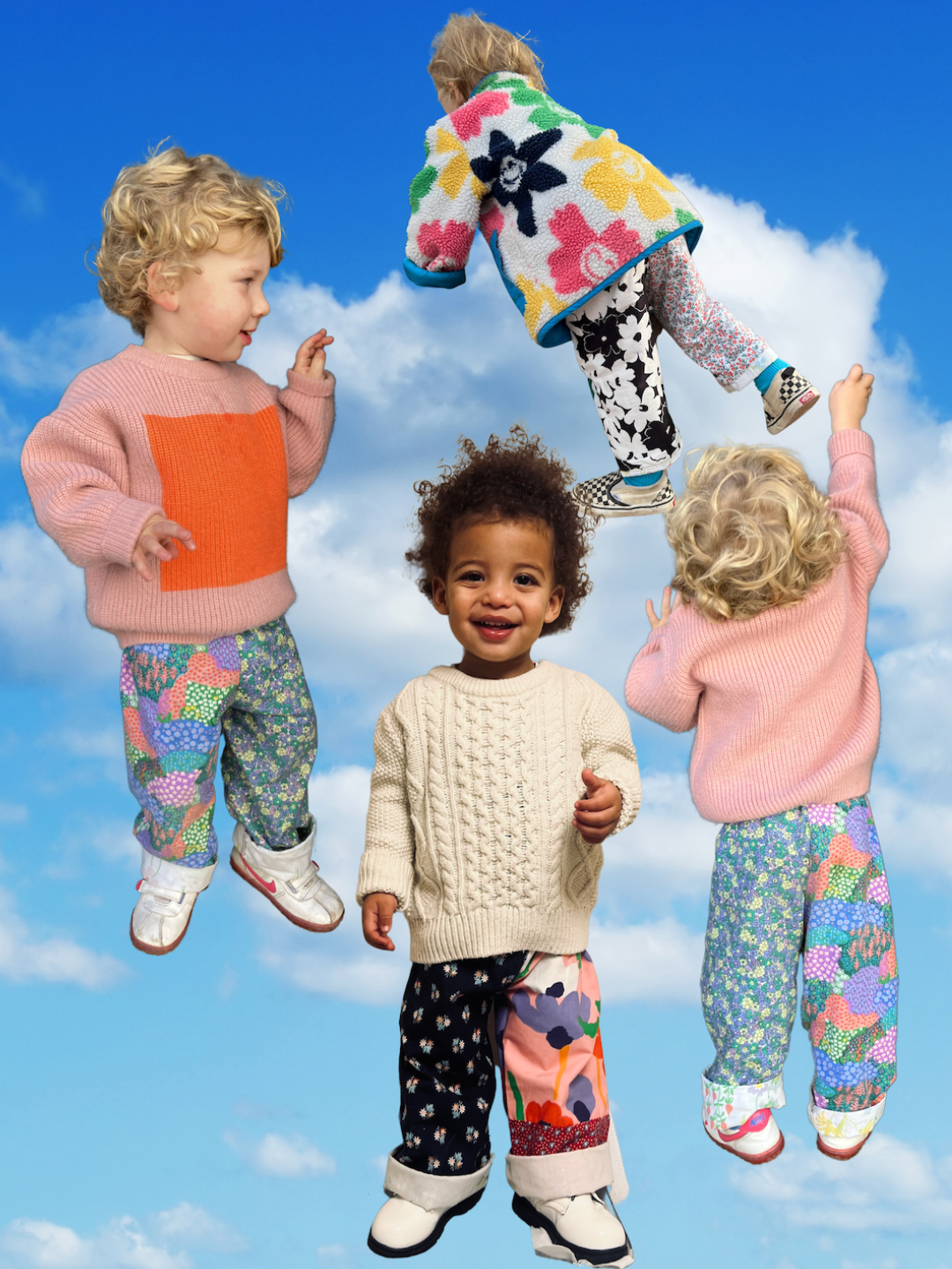 A fantasy montage of four toddlers in a blue sky wearing kids' patchwork pants in many differemt colors and patterns