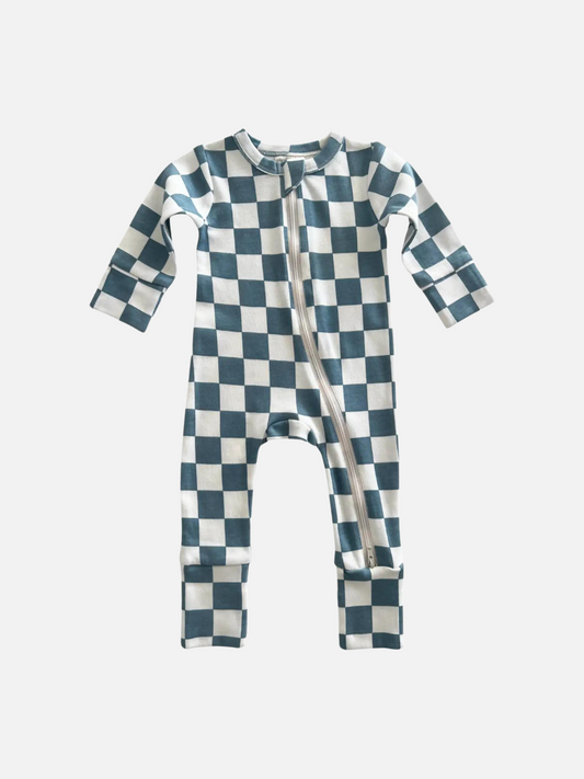 Second image of CHECKERBOARD ZIPPER SLEEPSUIT in Blueberry