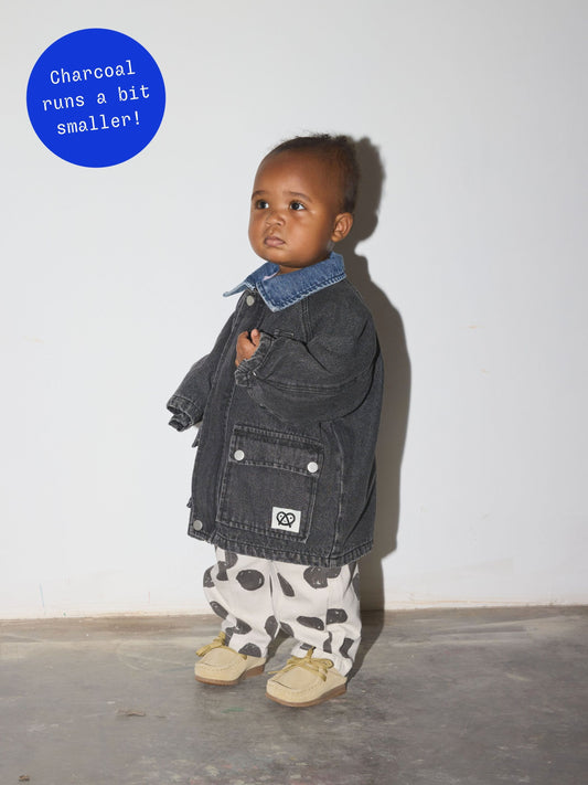 Second image of Charcoal | A children's dark wash denim jacket with a contrasting light blue denim collar, shown flat against a light gray background.