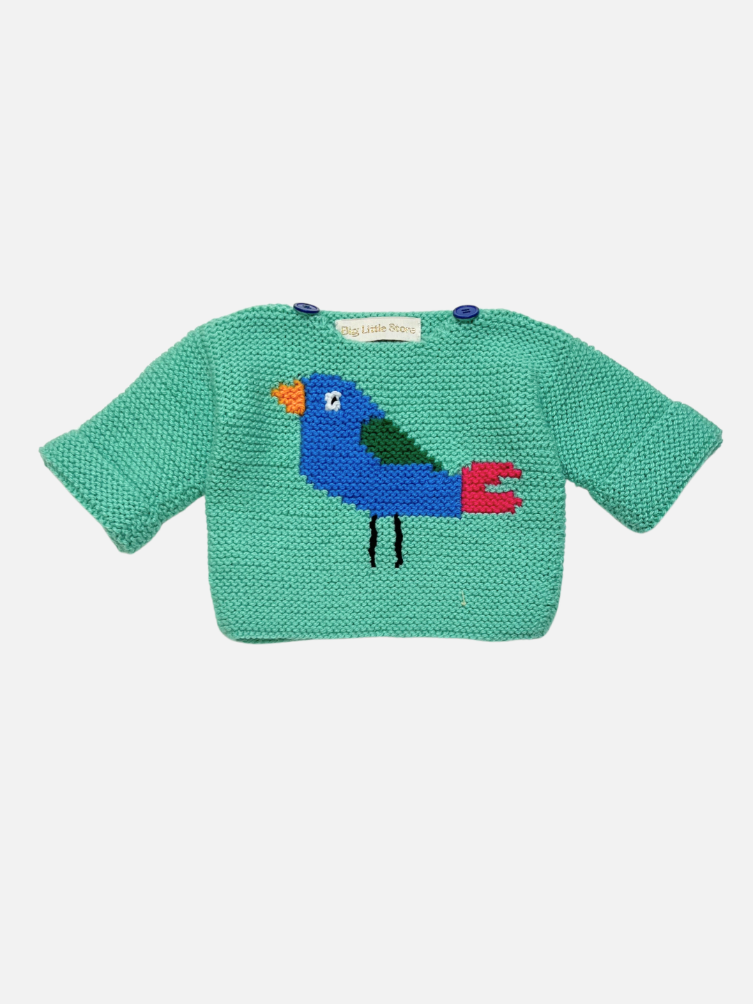 A mint green knit baby sweater featuring a colorful hand-knitted bird design on the front, displayed against a light gray background.