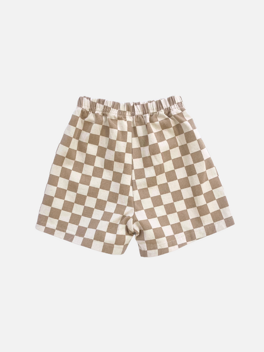Second image of Tan | A front view of the kid's Frankie Short in Tan & Ivory check