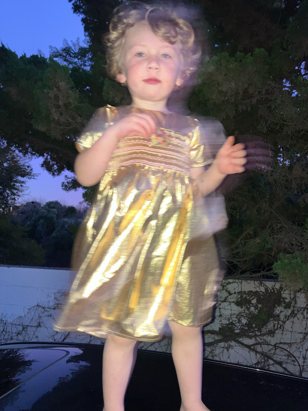 Gold | Child wearing a party dress in yellow gold metallic fabric with a round neck, short sleeves, smocked bodice, empire waist and full skirt. They are barefoot and the image is blurry with a tree in the background and evening light.