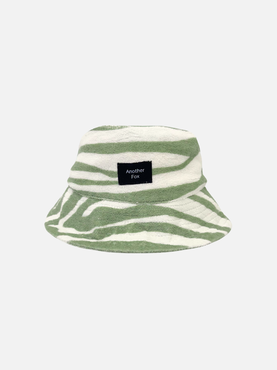A front view of the terry cloth hat. Zebra print in green.