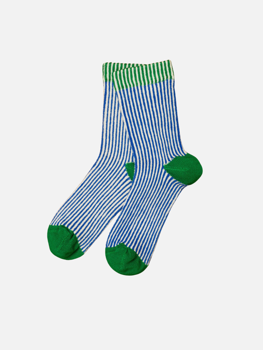 Kids socks in narrow blue and white vertical stripes with kelly green toe, heel, and green stripes at ankle cuff.