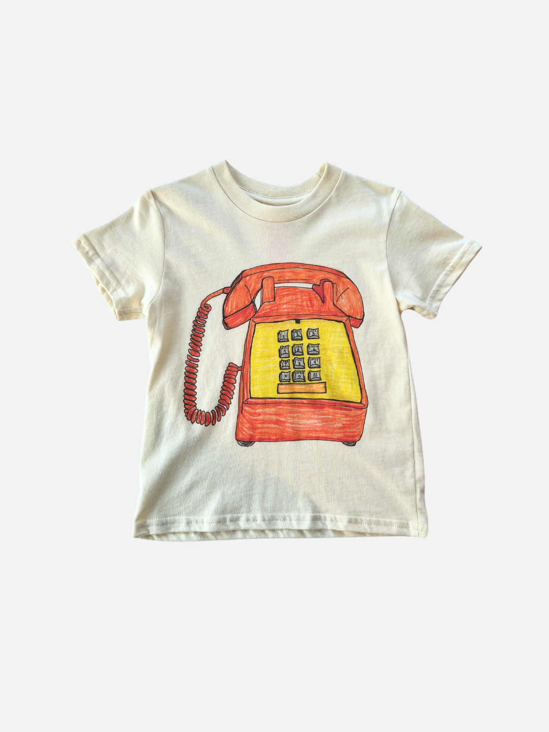 Off-white kid's tee with an orange and yellow button phone graphic