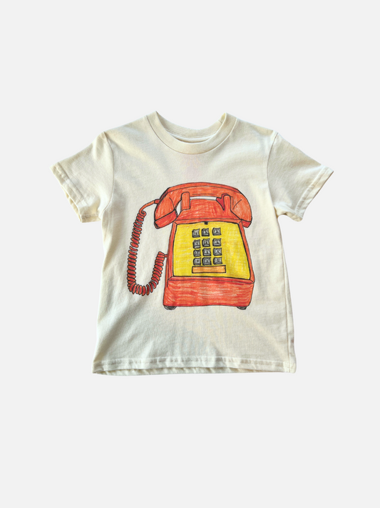 Image of Off-white kid's tee with an orange and yellow button phone graphic