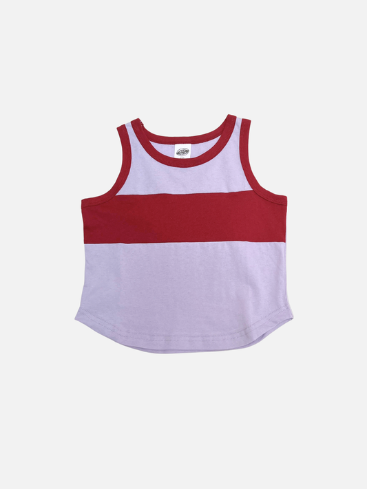 Image of Purple/Maroon | The TRACK TANK is a sleeveless children’s cotton top in vintage sportswear style, featuring purple and maroon colorblocking with matching trim, relaxed fit, and all-day comfort.