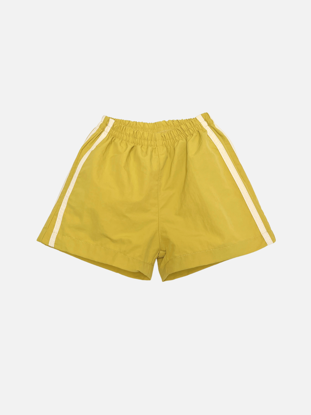 Yellow | SPRINTER SHORTS in yellow, featuring white side stripes and an elastic waistband, shown on a plain white background.