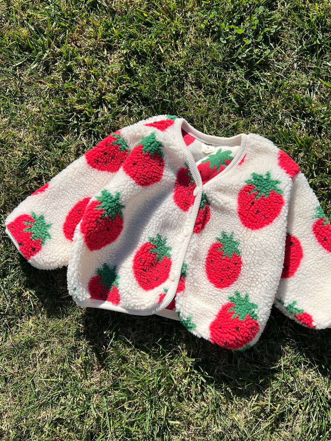 The strawberry sherpa jacket, in white fleece patterned with red strawberries, is pictured lying on grass.