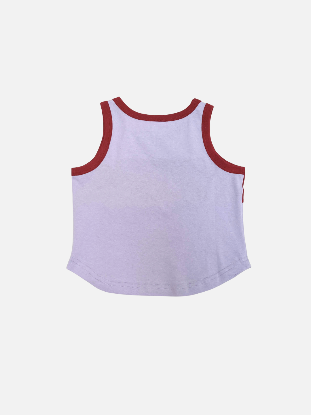The TRACK TANK is a relaxed fit, sleeveless cotton top in white with red trim at the neck and armholes, featuring a colorblocked design and shown from the back against a plain white background.