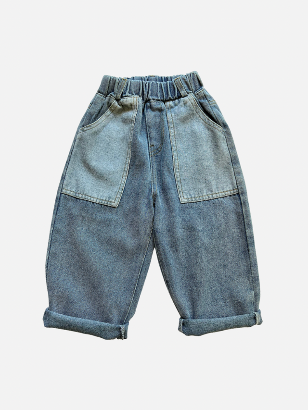 A pair of kids' jeans in mid denim with pale denim pockets