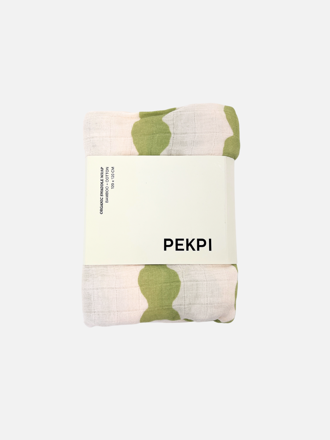 Edamame | A folded muslin cloth with a green and white pattern, wrapped in white packaging labeled "ORGANIC BAMBOO SWADDLE WRAP" on a plain background, perfect for use as an organic cotton swaddle.