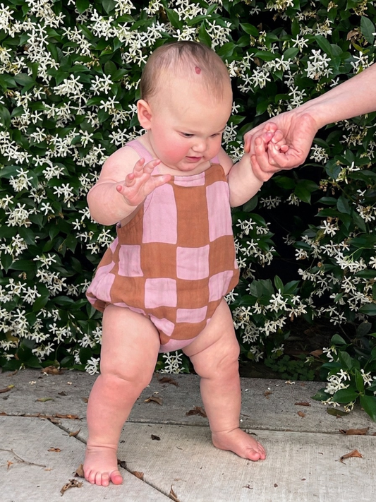 Second image of MUSLIN SUNSUIT in Pink Checkers