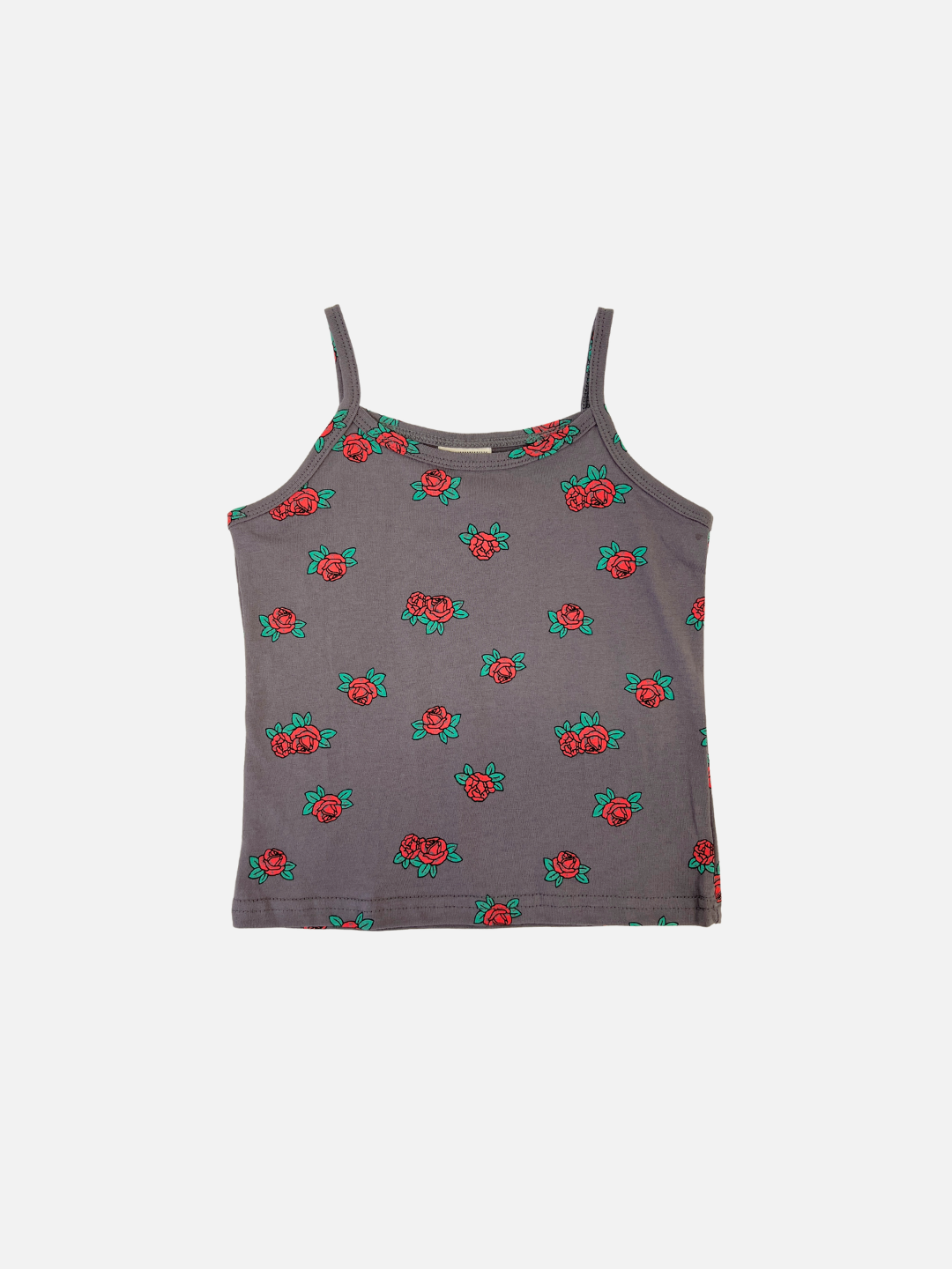 Front view of the kid's roses tank top in Charcoal with red roses all-over print 