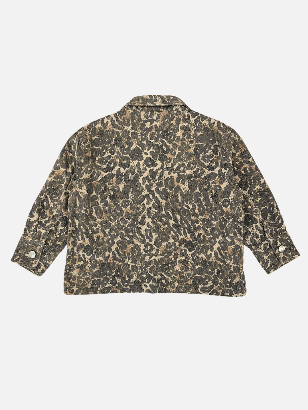 Back view of the FEN LEOPARD JACKET, an oversized organic cotton piece with long sleeves and buttoned cuffs, set against a plain white background.