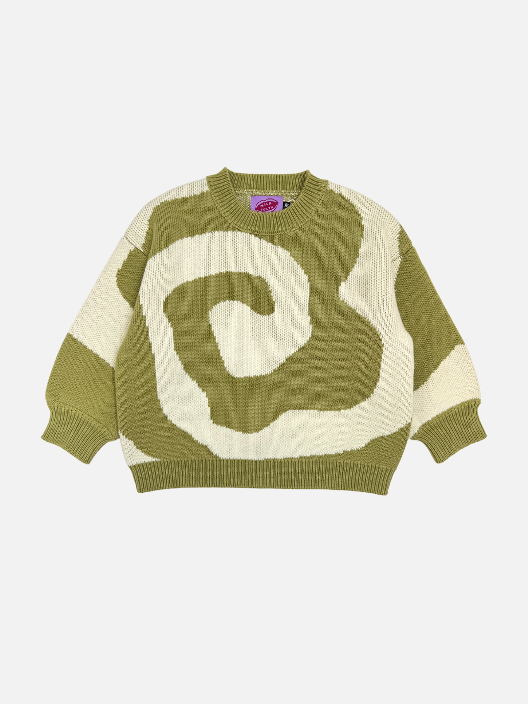 Front view of kids crewneck sweater in sage green, with a large single cream swirl design that covers the entire sweater.