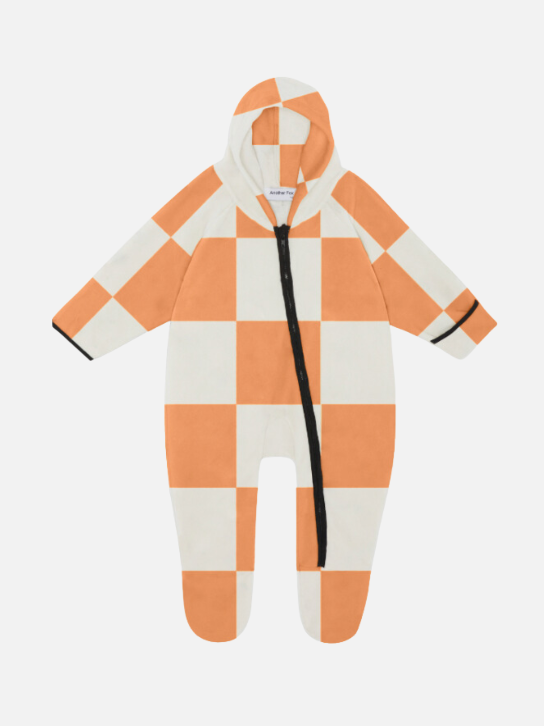 A baby's one-piece hooded stroller suit in a bold apricot and white checkerboard pattern, front view