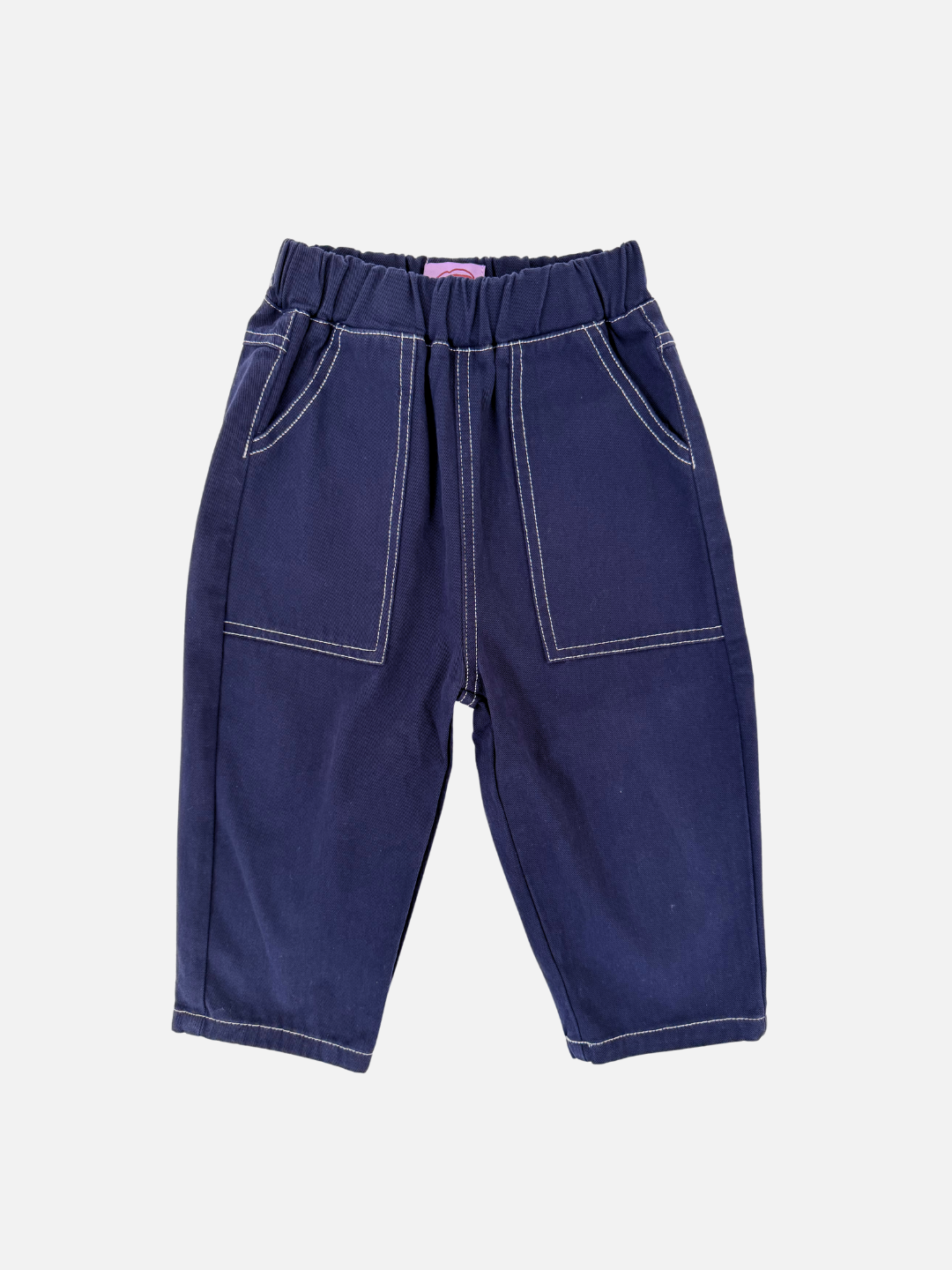 TOPSTITCH TWILL PANTS in navy feature a relaxed pull-on style made from soft cotton twill, with an elasticated waist and two spacious front pockets, displayed against a plain background.