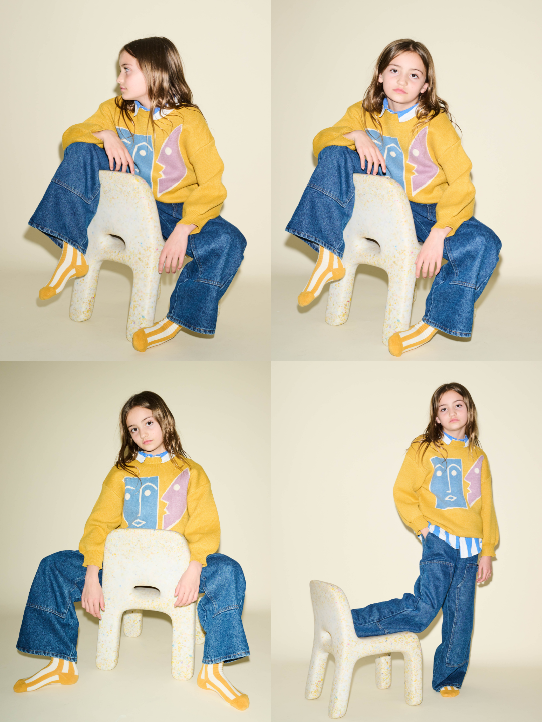 A collage of four photos. A girl is wearing a Teatime Sweater in Marigold with a blue button up shirt under and dark denim jeans sitting on a chair. 